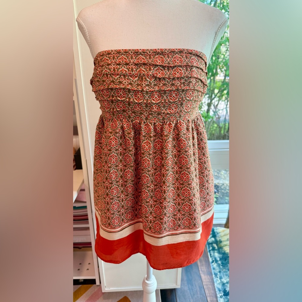 Banana Republic Strapless Blouse Red Brown Border Print Silk Blend Size 6